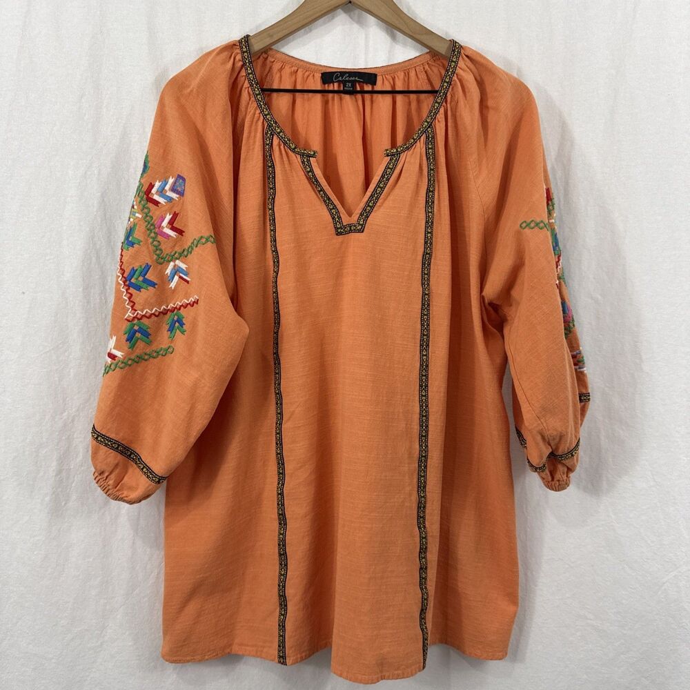 Caleesa Orange Embroidered Boho Peasant Top Womens Sz 2X Artsy Summer Colorful